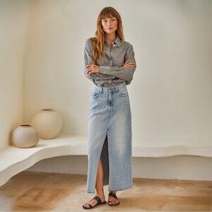 Thrill Ride Stylish Light Blue Denim Maxi Skirt with Center Front Slit